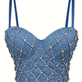 Resim Kadınlar için Boncuklu Korse Kolsuz Üst - Şık Mavi Kotlu Rhinestone Detaylı, Yaz Tatilleri ve Günlük Kıyafetler için Crop Kolsuz Tank Üstü | Crop Kolsuz Üst | Spandex Karışımı 