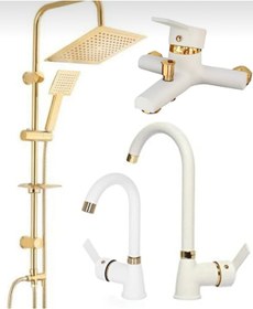 Resim BDL ARMATÜR Gold Kare Robot Seti, Beyaz Gold Banyo, Lavabo, Mutfak Bataryası Çeşmesi 4’lü Set 