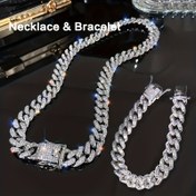 Resim 2 adet Hip Hop Tarzı Kolye ve Bileklik Seti, Parıldayan Rhinestone Gümüş veya Altın Küba Zinciri Tasarımı, Günlük Giyim ve Hediye Verme için Uygun, Kpop 