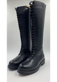 Resim Melen Shoes Glamor Siyah Bağcıklı Düz Taban ve Fermuarlı Rahat Çizme Siyah 