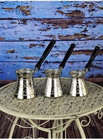 Resim Ahşap Saplı Nikelli Üçlü Bakır Cezve Takımı 