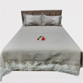 Resim Yatak Örtüsü Zümrüt Çift Kişilik Dantelli Krem %80 Pamuk El Yapım Açık Kahverengi 