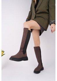 Resim Muggo Diasa Süet Kalın Taban Streç Detaylı Fermuarlı Kadın Çizme Kahverengi Süet 