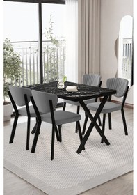 Resim Elma Mutfak Masası Takımı 4 Kişilik Mutfak Yemek Masa Takımı Gri Siyah Mermer 