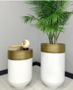 Resim Elegant Dekoratif Eskitme Darbuka Parlak Beyaz Saksı 70cm + Sehpa 60cm İkili Set 