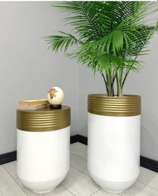 Resim Elegant Dekoratif Eskitme Darbuka Parlak Beyaz Saksı 70cm + Sehpa 60cm İkili Set 