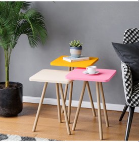 Resim Ahşap Ayaklı Renkli Kare Tasarım 3'lü Zigon Sehpa Çok Renkli - Pastel Renkler 
