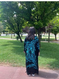 Resim Turkuaz Dallı Desenli Siyah Bağlamalı Salaş Kimono Kaftan - Standart Beden Turkuaz 