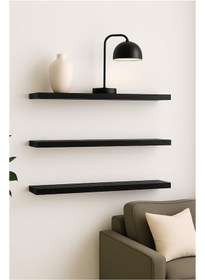 Resim 50 Cm 3lü Mat Siyah Mdf Uçan Duvar Rafı Gizli Bağlantı Kitaplık 