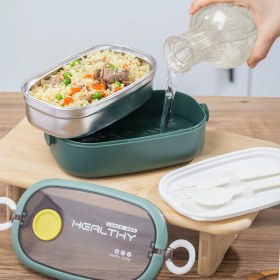 Resim Posima 3114-2 Stainless Steel Vakumlu Lunch Box Tek Katlı Paslanmaz Çelik Kilitlenir Kendinden Kaşıklı Sefer Tası Yemek Termosu – 750ML Yeşil 
