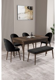 Resim Milas Barok Desen 80x132 Mdf Açılabilir Yemek Masası Takımı 4 Sandalye, 1 Bench Siyah 