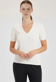 Resim Ekru V Yaka Kadın Tişört - EKRU / 40 