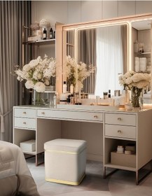 Resim Zengo Gold Twin Line Kare Puf -krem Kumaş, Dekoratif Makyaj Masası Pufu-modern Style 