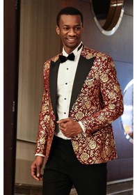 Resim Wessi Gold Gül Desenli Slim Fit Bordo Erkek Smokin Ceket Bordo 