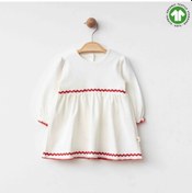 Resim Organik Pamuk Kırmızı Şerit Detaylı Krem Bebek Elbisesi Çok Renkli 