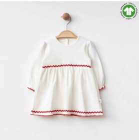Resim Organik Pamuk Kırmızı Şerit Detaylı Krem Bebek Elbisesi Çok Renkli 