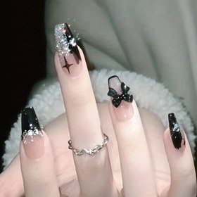 Resim 24pcs Rhinestone-Adorned Black French Ballet Nails - Full Cover Acrylic Tips for Women & Girls, Halloween Nails 
