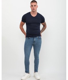 Resim Erkek Süper Skinny Fit Düşük Bel Dar Kesim Dar Paça Likralı Mavi Jean Pantolon Mavi 