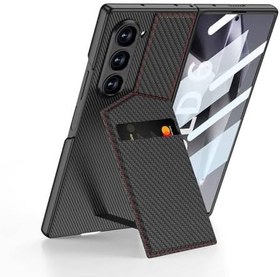 Resim Elfia Samsung Galaxy Z Fold 6 Karbon Fiber Kartlıklı Dik Açılan Standlı Kılıf, Siyah 