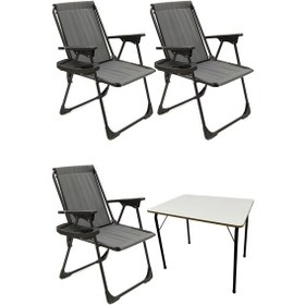 Resim Natura 3 Adet Kamp Sandalyesi Oval Bardaklık Gri + MDF Masa Gri 