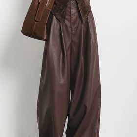 Resim Vintage ilhamlı kahverengi suni deri geniş paça pantolonlar - Fermuarlı uçuş, rahat giyim için yüksek bel, kadın pantolon 