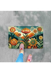 Resim Dijital Baskılı Çiçek Desenli Dekoratif Dış Kapı Önü Ve Iç Mekan Paspası Yıkanabilir Kaymaz Taban Turuncu 