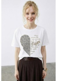 Resim Shade Kadın Leopar Kalp Taş İşlemeli Bisiklet Yaka Regular Fit T-shirt 2210 60283976 - Beyaz 