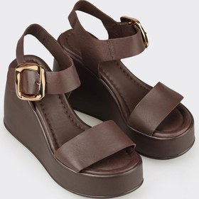 Resim Elle Shoes Kahve Deri Kadın Dolgu Topuk Sandalet 
