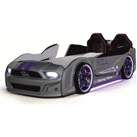 Resim Arabalı Yatak, Full Ledli Kapıları Açılan Gri Arabalı Yatak 