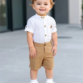 Resim Erkek Çocuklar İçin Centilmen Preppy Tarzı Düz Renk Günlük Şort Takımı - Polyester Karışımı, Makinede Yıkanabilir, Yazlık Yaka Gömlek ve Kahverengi Şort ile Dış Mekan İçin Mükemmel 