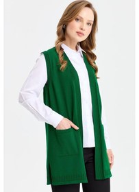 Resim Desen Triko Kadın Sırtı Ve Eteği Ajurlu İnce Triko Yelek Yeşil Yeşil 