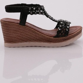 Resim Dgn 1042 Kadin Yüksek Topuk Taş Çiçek Süslemeli Sandalet 1042-1217-R1534 Siyah 