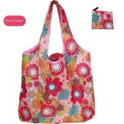 Resim Yüksek Kaliteli Büyük Kapasiteli Katlanabilir Çiçek Desenli Polyester Tote Çanta - Canlı Pembe, Kırmızı & Yeşil Omuz Çantası, Market ve Seyahat İçin, Sadece El veya Kuru Temizleme, Tekrar Kullanılabilir Market Çantası|Canlı Desenli Tote|Hafif Tote, Büyük Tote Çanta 