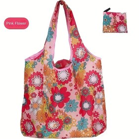 Resim Yüksek Kaliteli Büyük Kapasiteli Katlanabilir Çiçek Desenli Polyester Tote Çanta - Canlı Pembe, Kırmızı & Yeşil Omuz Çantası, Market ve Seyahat İçin, Sadece El veya Kuru Temizleme, Tekrar Kullanılabilir Market Çantası|Canlı Desenli Tote|Hafif Tote, Büyük Tote Çanta 