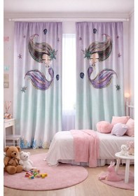 Resim Kız Çocuk Odası Çift Kanatlı Fon Perde Deniz Kızı Desenli 