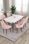 Resim Canisa Ram Serisi 80x132 Açılabilir Mutfak Masası Takımı Beyaz Ceviz Masa 6 Pembe Sandalye 