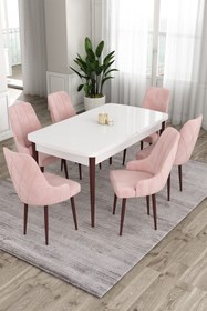 Resim Canisa Ram Serisi 80x132 Açılabilir Mutfak Masası Takımı Beyaz Ceviz Masa 6 Pembe Sandalye 
