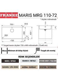 Resim Franke Mrg 110-72 Granit Eviye. Stone Grey. Tezgahaltı. Tek Hazne. 72 x 40 CM 
