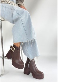 Resim Yandan Fermuarlı Topuklu Bot Cilt Kahverengi Topuk Boyu 7 Cm Kahverengi 