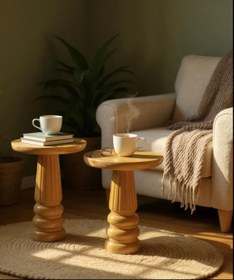 Resim ASELYA HOME Doğal Ahşap 2’li Set Mantar Yan Sehpa Modern Vernikli Fiskos Zigon Çiçeklik 