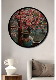 Resim Baharın Geldiği Vazoda Çiçekler Sulu Boya Görünüm Ahşap Tablo Yuvarlak Duvar Tablosu Çerçeve Görünüm--- 30 X 30 