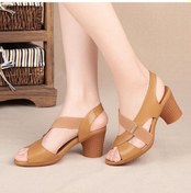Resim Moda Kadın Sandalet Platformu Yaz Yuvarlak Orta Topuk Peep Toe Rahat Kaymaz Geri Kayış Plaj Bayan Ayakkabı Haki 