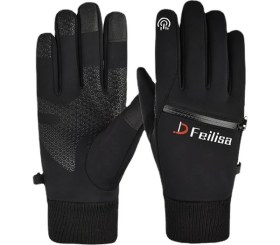 Resim Hayuu Spor Su Rüzgar Geçirmez Kadife Kalın Dokunmatik Ekran Sürme Fermuar Tam Parmak Eldivenler (Yurt Dışından) 