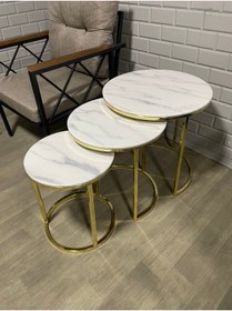 Resim usta mekan Gold Metal Beyaz Mermer Desen Mdf Tabla Zigon Sehpa 