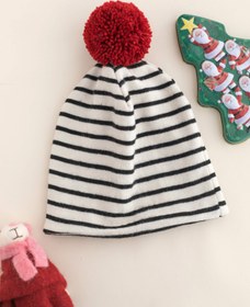Resim Unisex Siyah Beyaz Çizgili Kırmızı Ponpon Çift Katlı Likralı Penye Bere - 1-2 Yaş 
