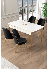 Resim Canisa Pale Serisi 80x132 Açılabilir Beyaz Mutfak Masa Takımı 4 Krem Sandalye Gold Detay Masa Beyaz Sandalye Siyah Ayak Gold 