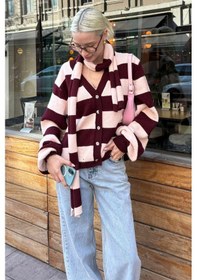 Resim Madmext Bordo Çizigli Atkılı Kadın Triko Hırka Mg2588 Bordo 