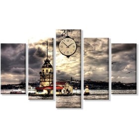 Resim Dekoratifmarket Kızkulesi Resimli Duvar Saati 5Parça Kanvas Tablo 112 x 70 CM|Küçük Boy 