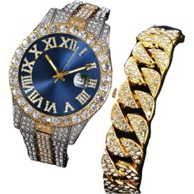 Resim Erkekler Için Avrupa ve Amerikan Tarzı Hip-Hop Feng Shui Hayalet Roma Elmas Kuvars Saati (Yurt Dışından) 