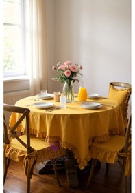 Resim Hardal Renk El Yapımı Buldan Yıkanmıs Keten 4 Tarafı Fırfırlı Sandalye Minderi Hardal 